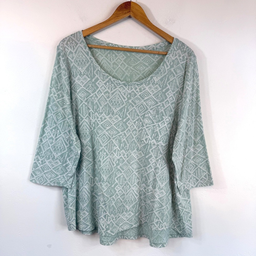 Peruvian Connection Top Pima Cotton XL Geometric Sage Boho Southwestern 3/4